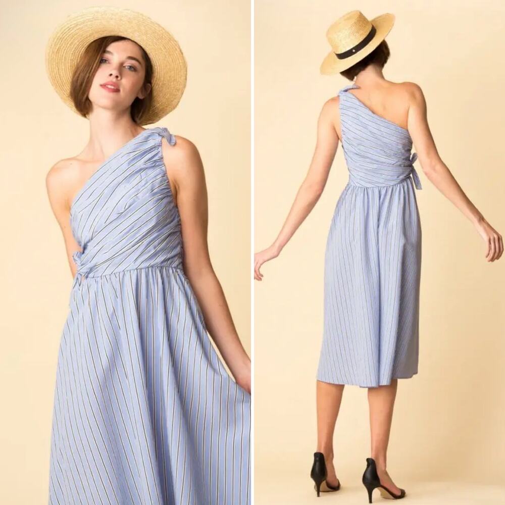 ALC Blue Striped Cabrera One Shoulder Midi A Line Knee Length Dress US 0